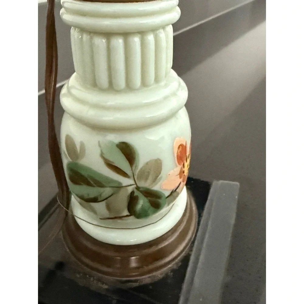 Vintage Electric Hurricane Lamp Floral Milk Glass Hobnail Clear Red Flame Bulb